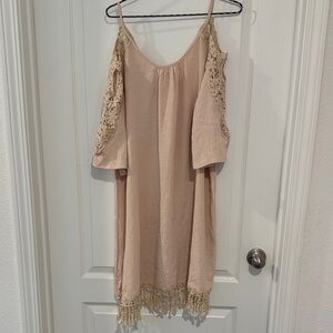 Beige Cold Shoulder Cover up Dress with Lace Details
